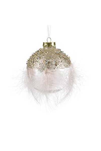 Jumbo Ornament de Crăciun Glob Transparent cu Strass Auriu și Pene Roz Ø8 cm
