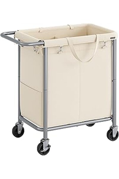 Generic سلة غسيل SONGMICS بعجلات، سلة غسيل دوارة من قسمين، سعة 37 جالونًا (140 لترًا)، قابلة للإزالة