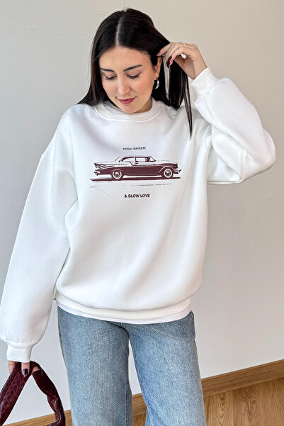 Cappmoda Swt-1894 White Printed Raised Three-Thread Compact Combed Cotton Fabric Sweatshirt