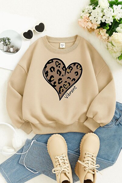 BENROMA 3 İPLİK PENYE LEOPAR KALP BASKILI ÜNİSEX ÇOCUK SWEAT