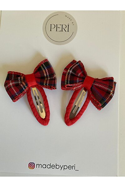 MADE BY PERİ Red Plaid Bow Hair Clip Set of 2