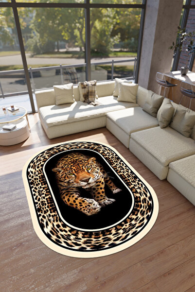 THEMODERNHANE Leopar Desenli Dijital Baskılı Makinede Yıkanabilir Kaymaz Leke...