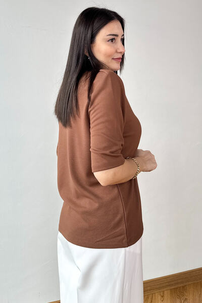 Cappmoda Blz-1831 Brown Cotton Steel Knitted Fabric Padded Premium Blouse