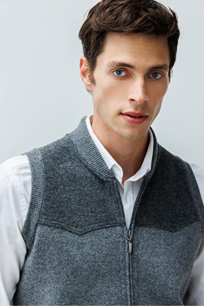 Desen Triko Men's Judge Collar Felt Wool Vest with Chest and Pocket Details Smoked