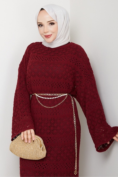 Bestenur Dantel Motifli Astarlı Triko Elbise 1601 - Bordo