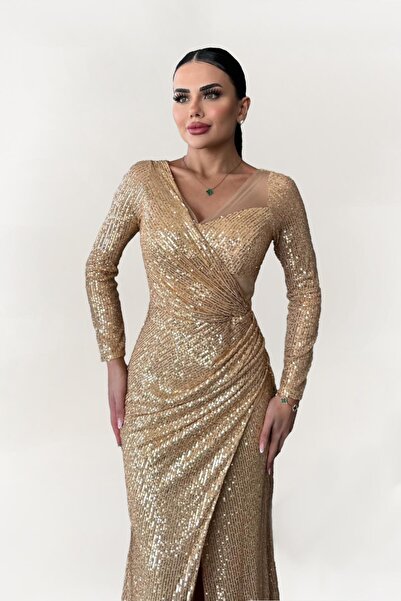 Dans Tekstil Payetli Uzun Dar Kesim Abiye Elbise Gold