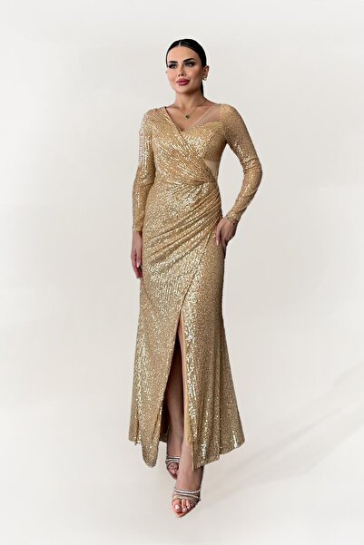 Dans Tekstil Payetli Uzun Dar Kesim Abiye Elbise Gold