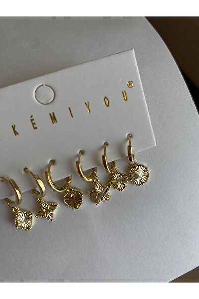 marsel aksesuar Özel Seri Yonca Ve Yıldız Figürlü Çoklu Gold Küpe Seti