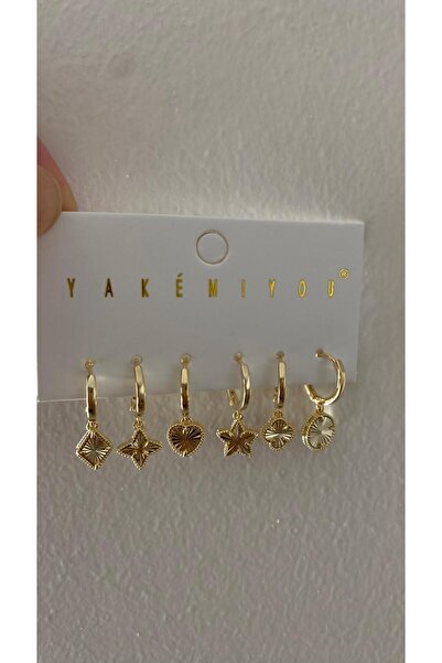 marsel aksesuar Özel Seri Yonca Ve Yıldız Figürlü Çoklu Gold Küpe Seti