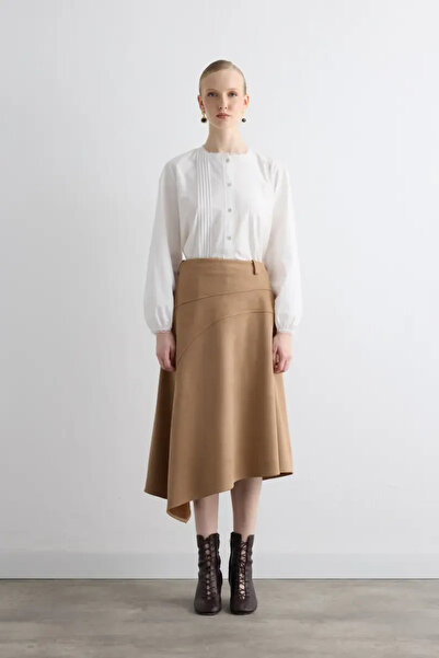 Gusto Asymmetrical Cut Suede Skirt - Beige