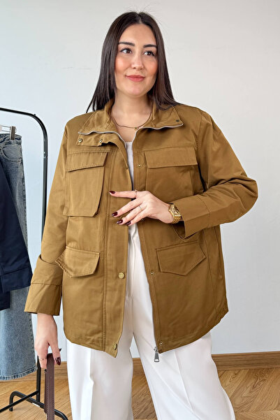 Cappmoda Ckt-12465 Mustard Padded Stand Collar Zippered Snap Fastener Bellows Pocket Lined Coat