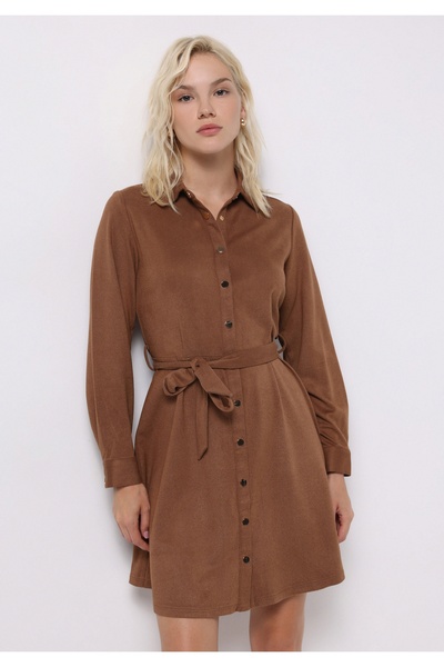 Colin's Regular Fit Düz Kadın Bej Uzun Kol Elbise