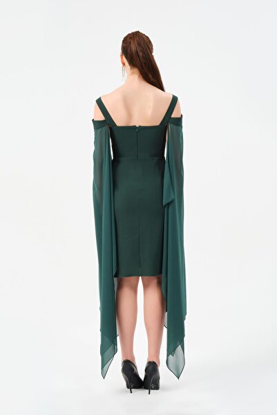 Dans Tekstil Şifon Detaylı Kısa Dar Kesim Abiye Elbise Yeşil
