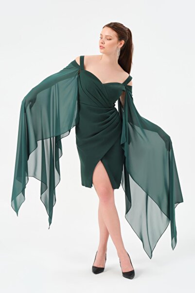 Dans Tekstil Şifon Detaylı Kısa Dar Kesim Abiye Elbise Yeşil