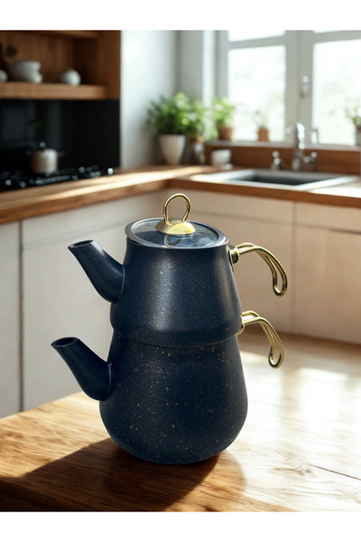 AYSA Siyah Granit Kaplama Cam Kapaklı Gold Kulplu Çaydanlık