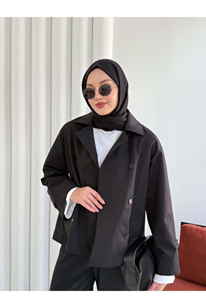 Hatun Atila Kruvaze Yaka Kısa Trençkot 999001 - Siyah