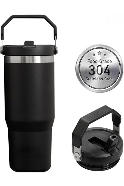Generic Stainless Steel Tumbler with Handle and Straw Lid – 900ml / 30oz (Black)