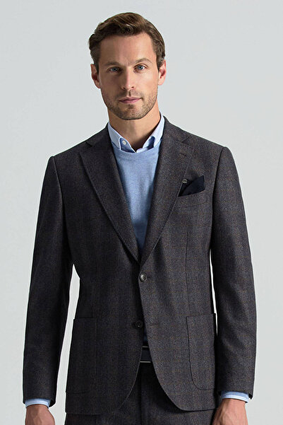 Hemington İtalyan Yün Kaşmir Karışım Ekose Desen Antrasit Blazer Ceket