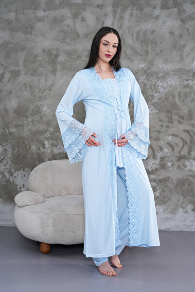 Lohusa Homewear طقم بيجامة نسائية بأكمام طويلة من الدانتيل باللون الأزرق للحوامل