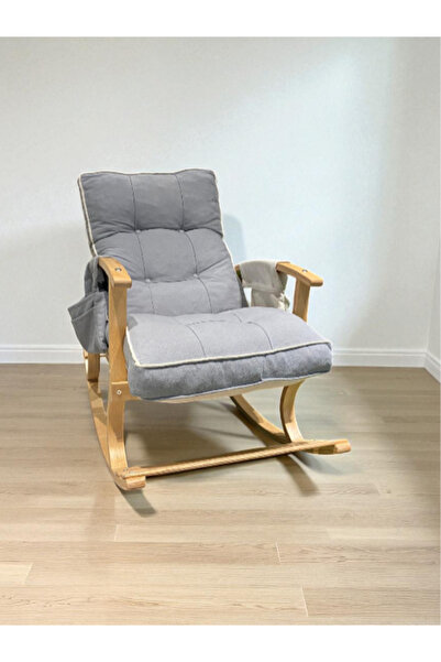 Sabaz Home İki Cepli Sallanan Sandalye, Gri Minderli Ahşap Sallanır Koltuk, Rahat Okuma ve Dinlenme Sandalyesi