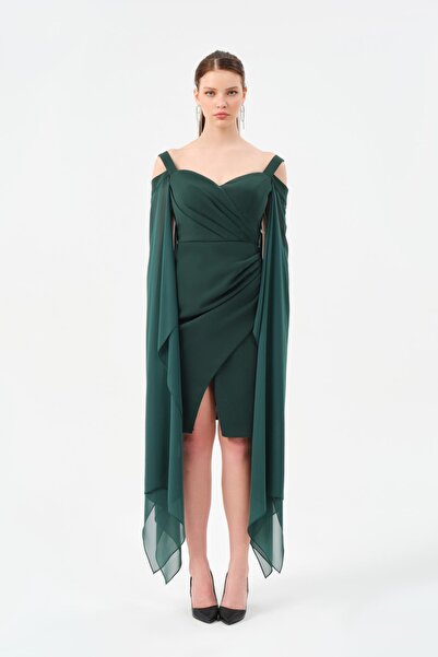 Dans Tekstil Şifon Detaylı Kısa Dar Kesim Abiye Elbise Yeşil