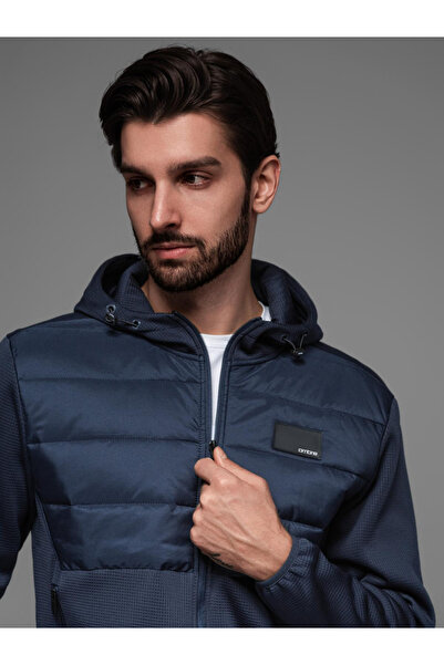 OMBRE Men's lightweight jacket with hood and decorative quilting - navy blue V4 OM-JANP-0160