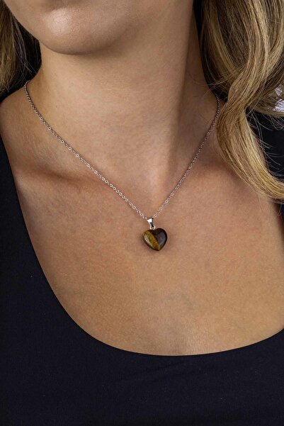 Gümüş Pazarım Heart Cut Original Tiger Eye Natural Stone Steel Chain Women's Necklace