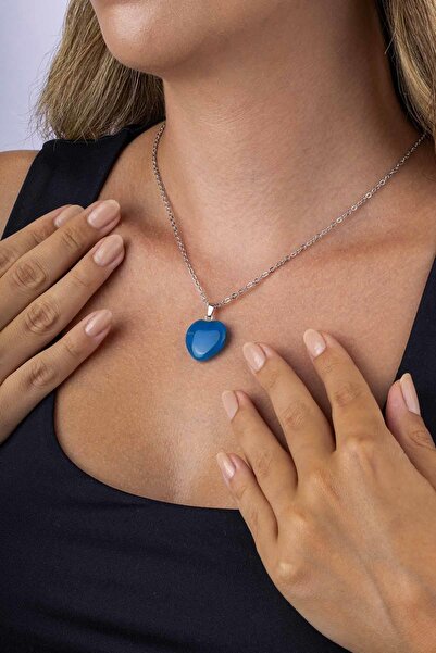 Gümüş Pazarım Heart Cut Original Blue Agate Natural Stone Steel Chain Women's Necklace