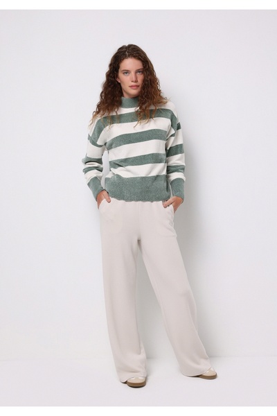 Colin's Regular Fit Yuvarlak Yaka Çizgili Kadın Yeşil Kazak