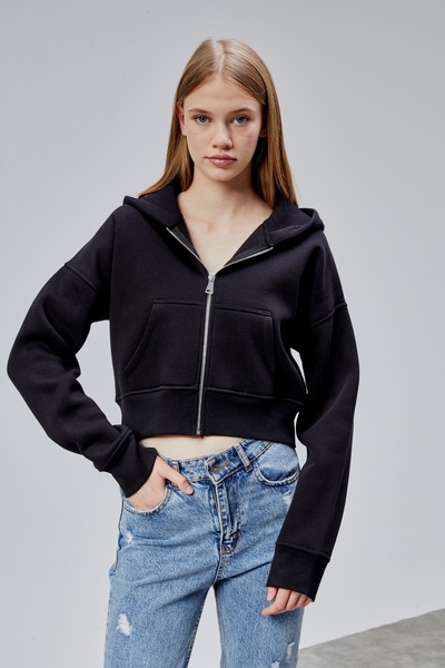 COMBİNE MİCHAİL Hanorac crop negru de bază cu glugă pentru femei