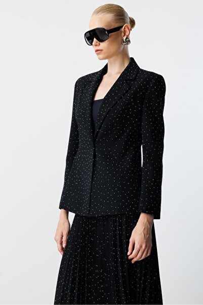 Moda İlgi Modailgi Tek Düğmeli Taşlı Ceket - 30047 Siyah