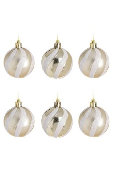 Jumbo Set Globuri de Craciun Bej Lucioase Mate Dungi cu Glitter Irizat Ø6 cm - 6 buc