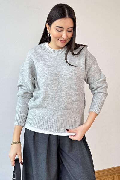 Cappmoda Trk-8181 Gray Crew Neck Knitwear College Sweater