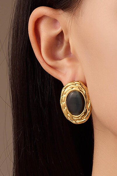TAKIŞTIR Gold Color Stone Detailed Steel Earrings (Pair)