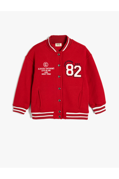 Koton College Jacket Applique Detailed Long Sleeve Snap Closure Embellished