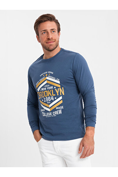 OMBRE Pánske tričko s dlhým rukávom v univerzitnom štýle s potlačou - modré V2 OM-LSPT-0117 M
