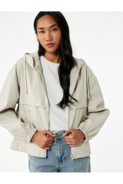 Koton Zippered Hooded Long Sleeve Faux Leather Raincoat