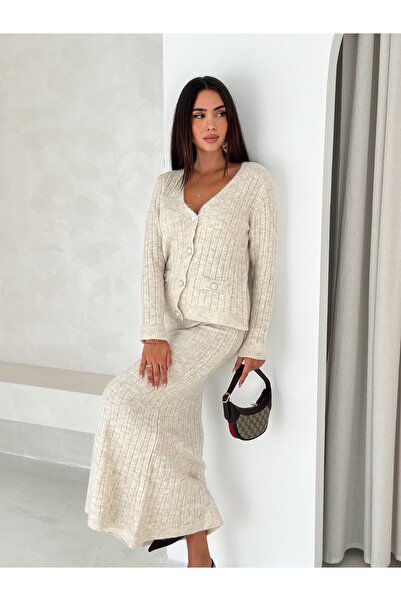 b buhari bykoc Long Sleeve Pocketed Button Detail Women's Knitwear Long Skirt Suit