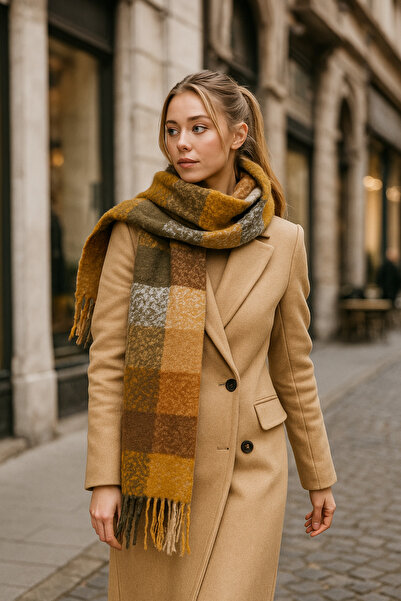 Adorisse Kare Desenli Kahverengi-sarı-bej-gri Püsküllü Kalın Dokulu Atkı Sal1292