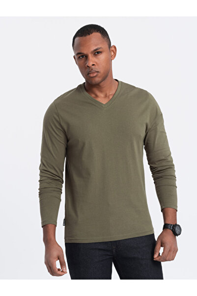 OMBRE Men's unprinted longsleeve with v-neck - dark olive V2 OM-LSBL-0108 XL