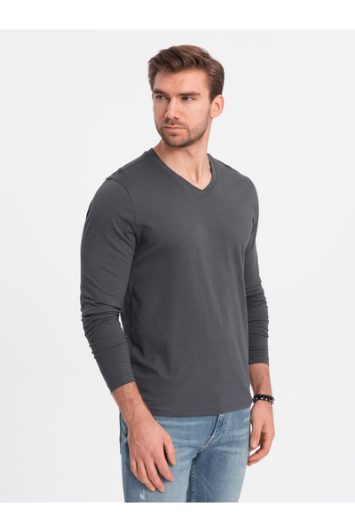 OMBRE Pánské nepotištěné tričko s dlouhým rukávem a výstřihem do V - grafitové V4 OM-LSBL-0108 L