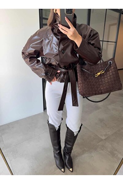 BB Bensu Buyruk DİK YAKA ACI KAHVE DERİ TRENÇKOT