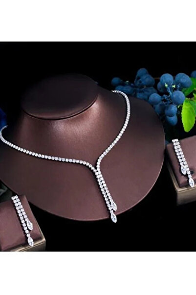 BİJUTERRİ Gümüş Kaplama Su Yolu Zirkon Taşlı Kolye Küpe Ve Bileklik Seti Kadın Özel Gün Takı Aksesuar