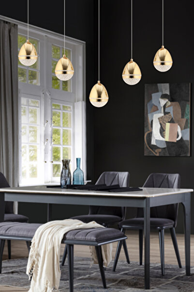 Apliqa Amaya 5'li Sıralı Gold Damla Başlıklı Modern Salon Led Avize