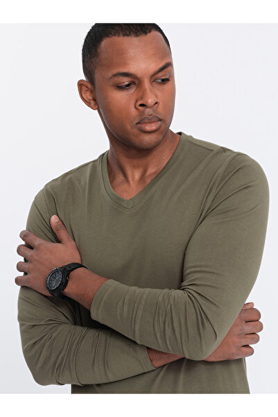 OMBRE Ανδρικό μακρυμάνικο χωρίς στάμπα με V-λαιμό - σκούρο λαδί V2 OM-LSBL-0108 XL