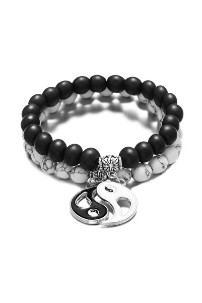Tessero Set of two Ying and Yang bracelets made of natural stone, adjustable size,