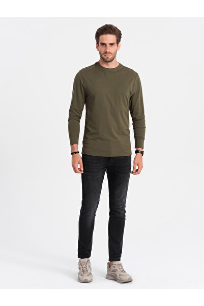 OMBRE Men's BASIC longsleeve with round neckline - dark olive V7 OM-LSBL-0106 L