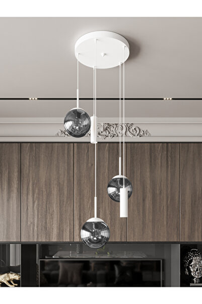 avizade VİENNA Modern Beyaz Metal Gövdeli 5'li Sarkıt Avize - 3 Füme Cam Küre...