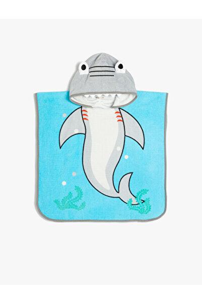 Koton Pamuklu Köpek Balığı Baskılı Kapşonlu Panço Havlu