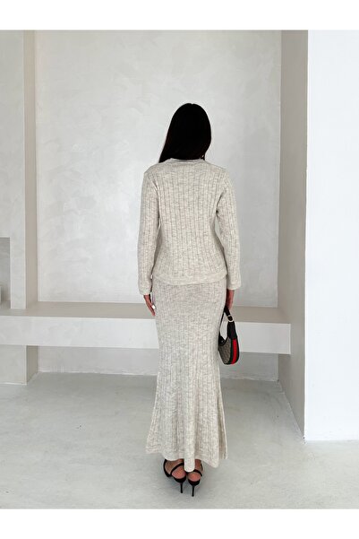 b buhari bykoc Long Sleeve Pocketed Button Detail Women's Knitwear Long Skirt Suit